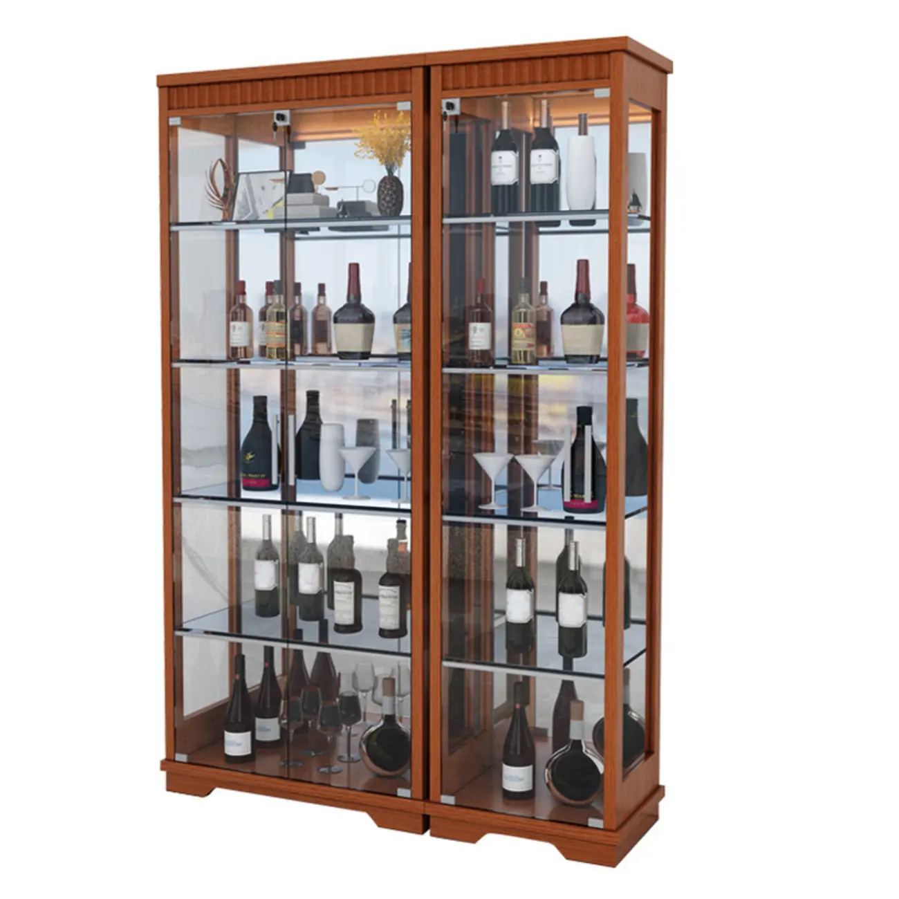Modern Natural Wood Wine Rack with Glass Shelf