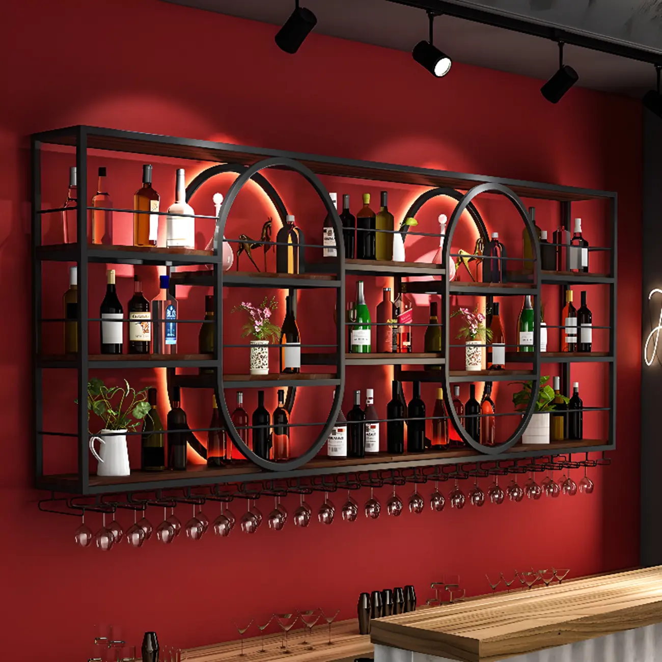 Nordic Metal Black Wall Mounted Wine Rack with Light
