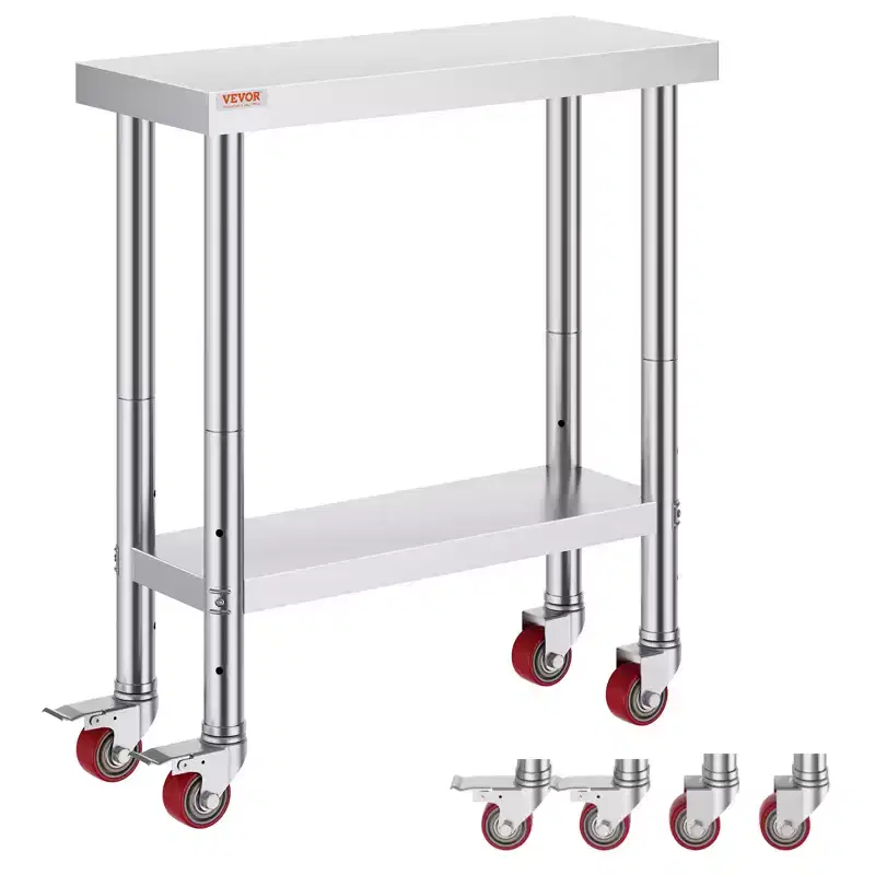 VEVOR Stainless Steel Work Table 30 x 12 x 34 Inch, 700 LBS Load Capacity with 4 Wheels, 3 Adjustable Height Levels, Silver