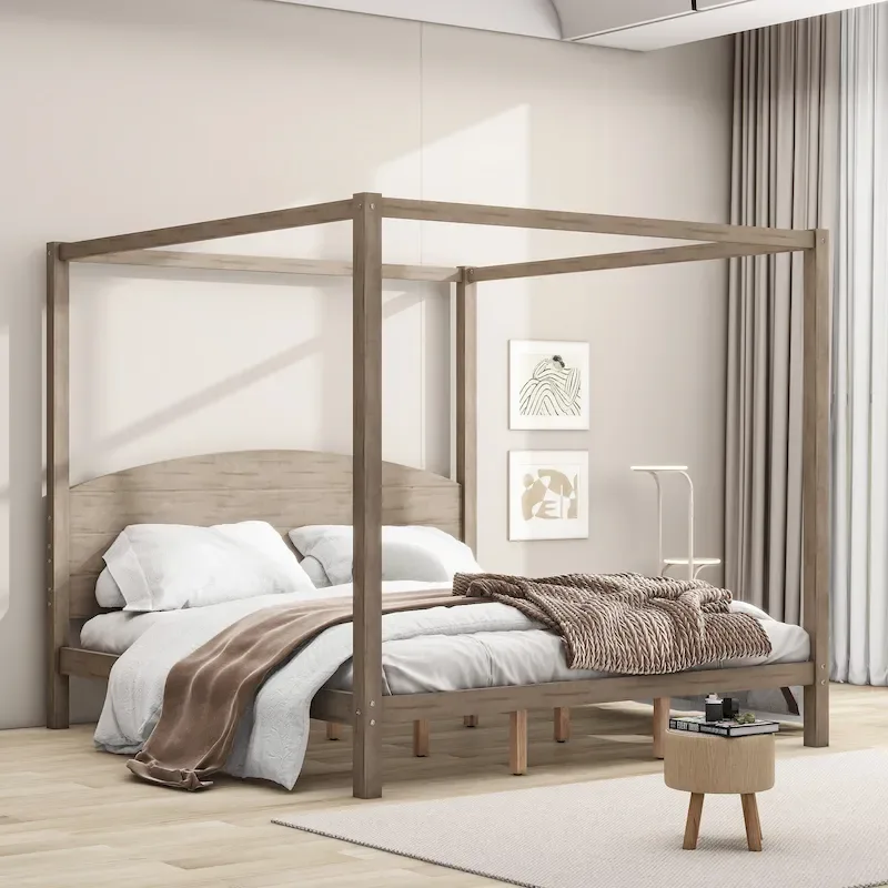 Brown / Grey King Size Canopy Platform Bed with Built-In Headboard – Sleeps 2