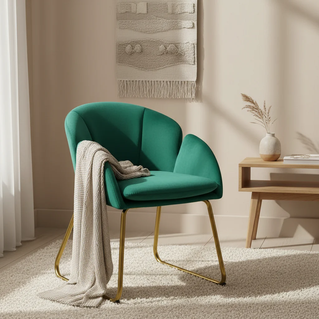 Flower Shape Velvet Armchair Accent Chair with Golden Metal Legs