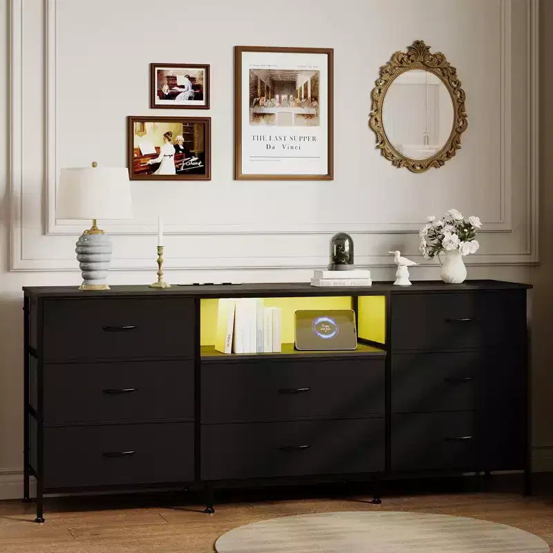 63 LED TV Stand Dresser with 8 Storage Drawers & LED Lighting, Steel Frame for 65-75 TV, Bedroom & Living Room Organizer