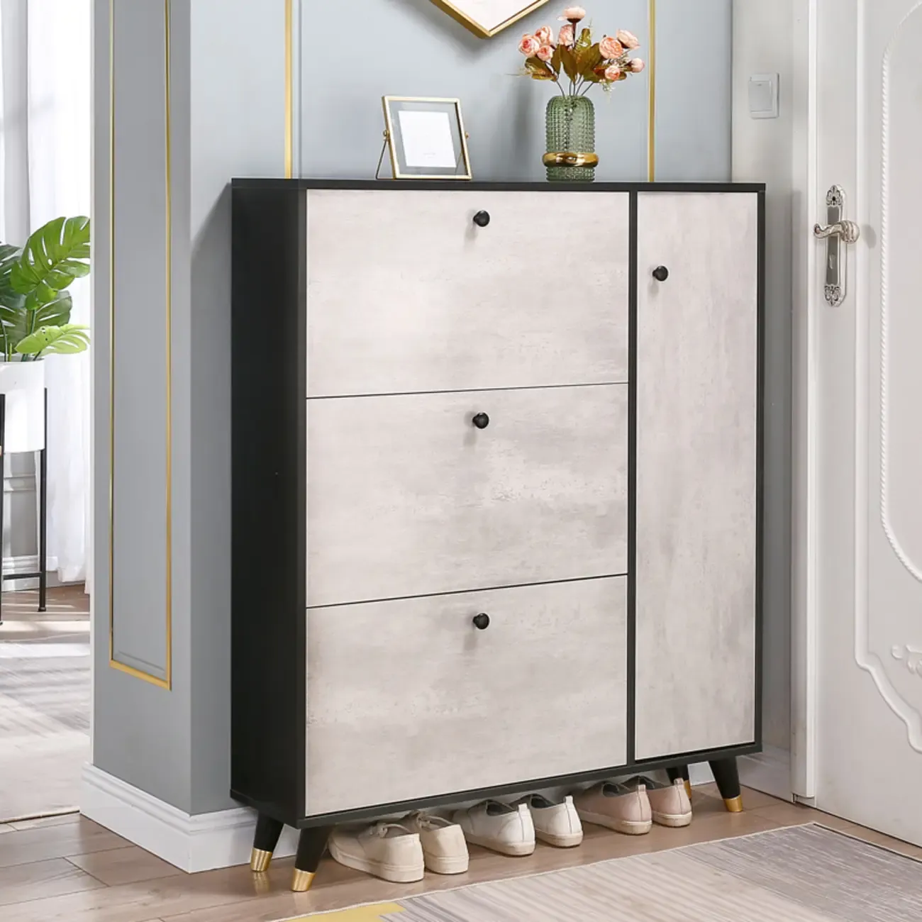 Black Drop Front Shoe Cabinet with Sliding Doors