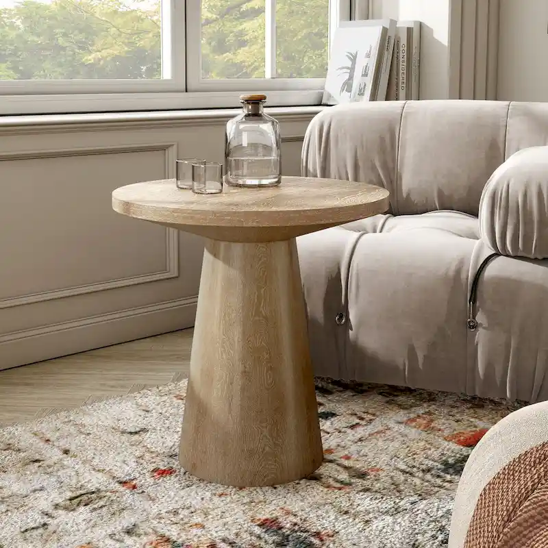 Oak, Round Cone Pedestal End Table, 1-Piece