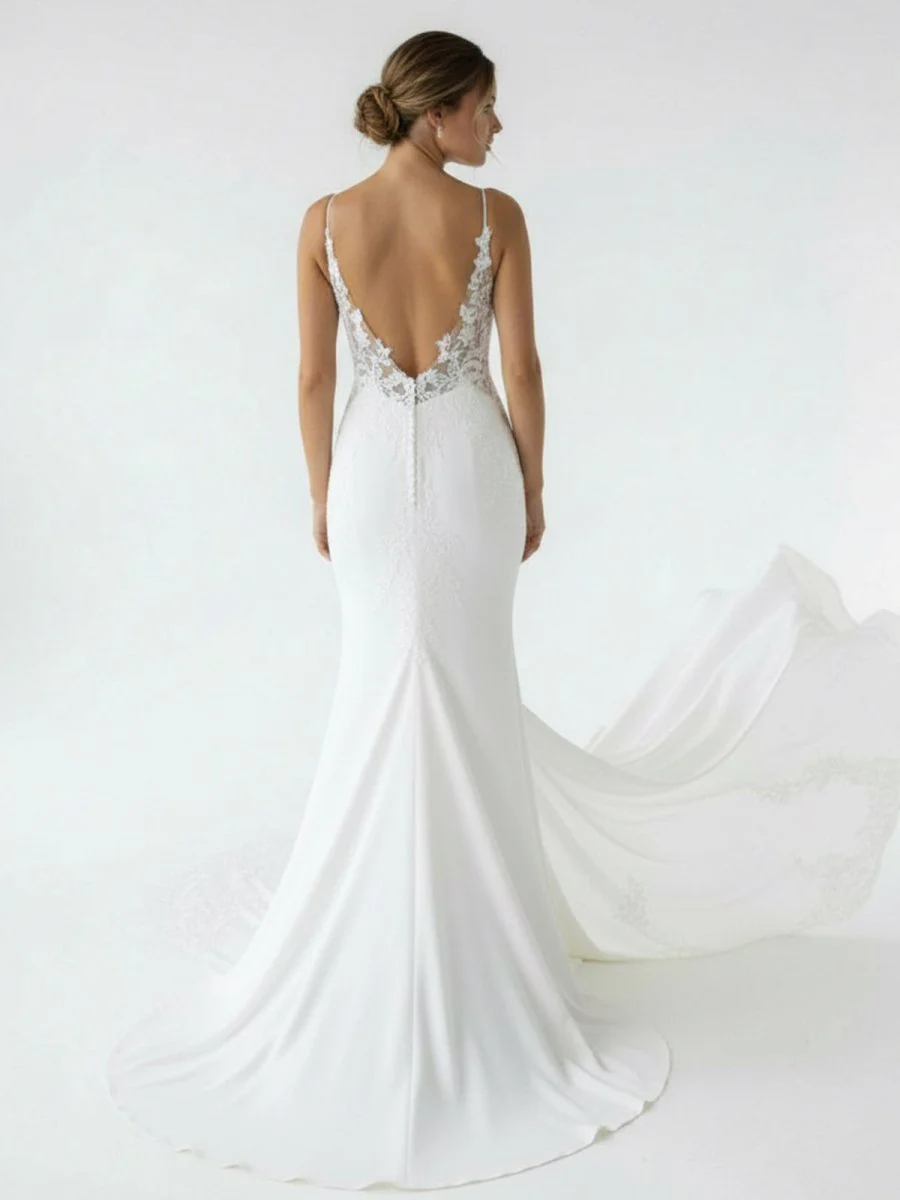 Mermaid V Neck Satin Wedding Dresses with Lace Appliques