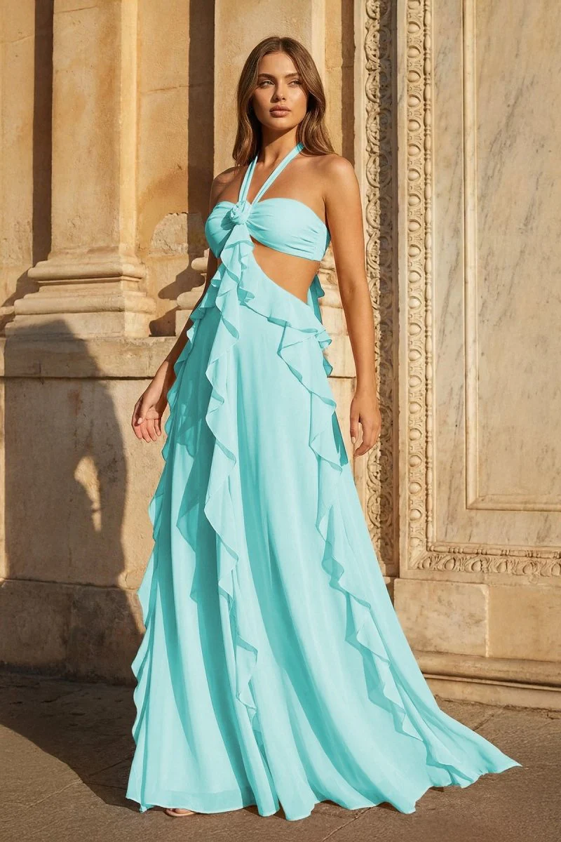 Pink A-Line Halter Chiffon Ruffled Long Prom Dresses With Cut Out