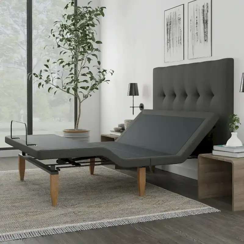 Adjustable Bed Base with Headboard, Wireless Remote, Zero Gravity, Underbed Lighting, Grey