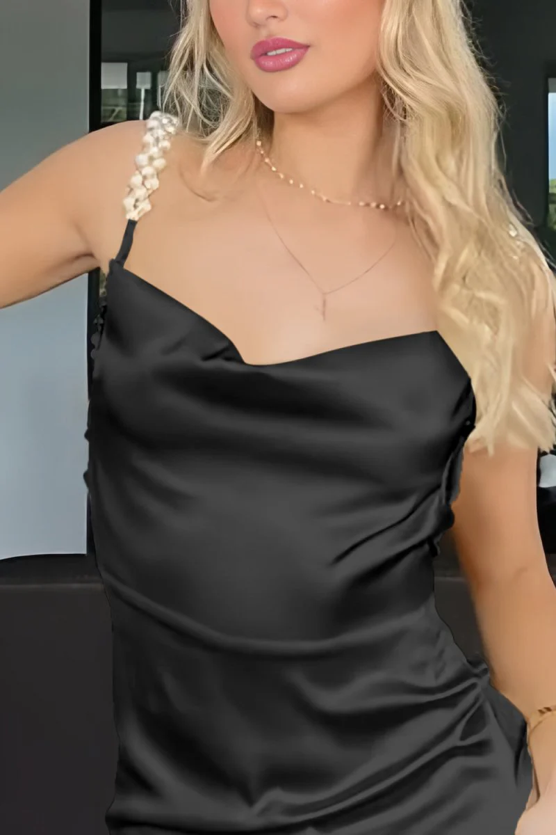 Yellow Sheath Spaghetti Straps Satin Long Prom Dresses With Pearls