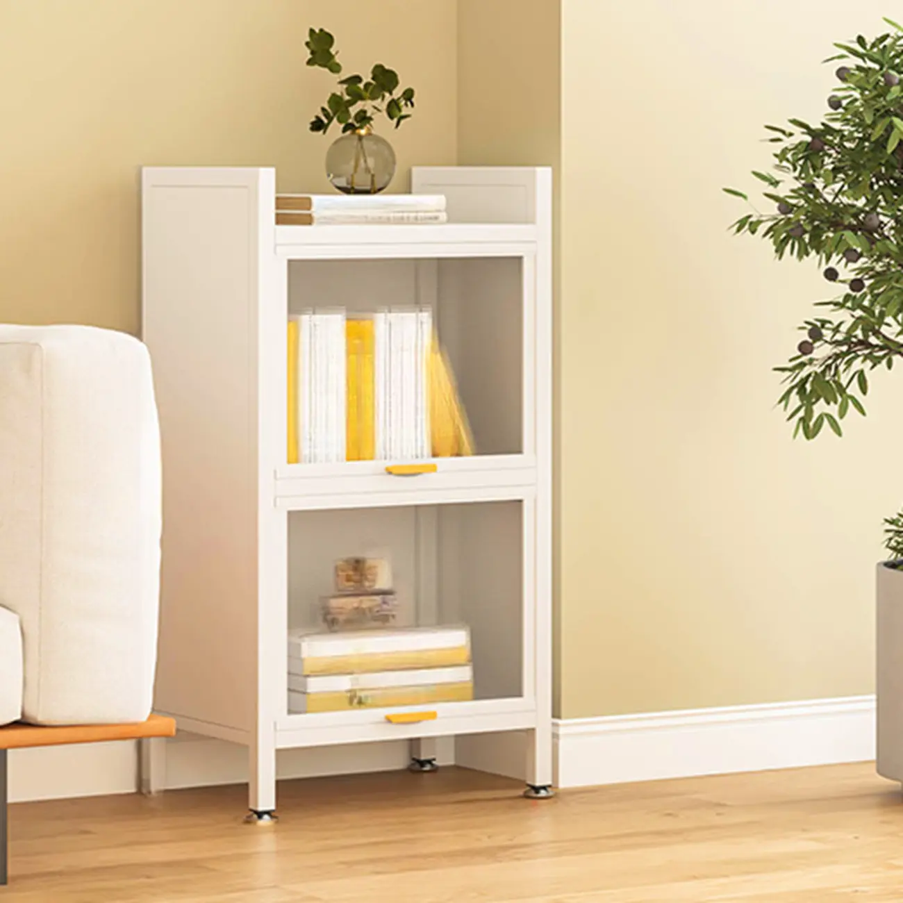 4-Tier Modern White Metal Bookcase with Glass Doors