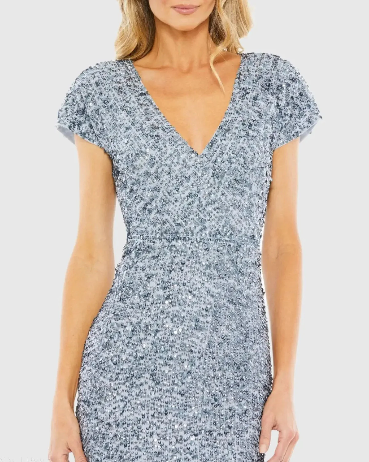 Blue Sequined Cap Sleeve Wrap Over Cocktail Dress