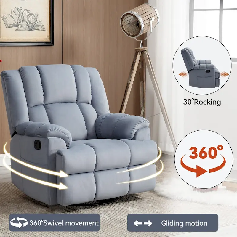 Swivel Rocker Fabric Recliner Chair, Overstuffed Large Manual Recliner Glider with Pillow Top Arms and Cushion Back
