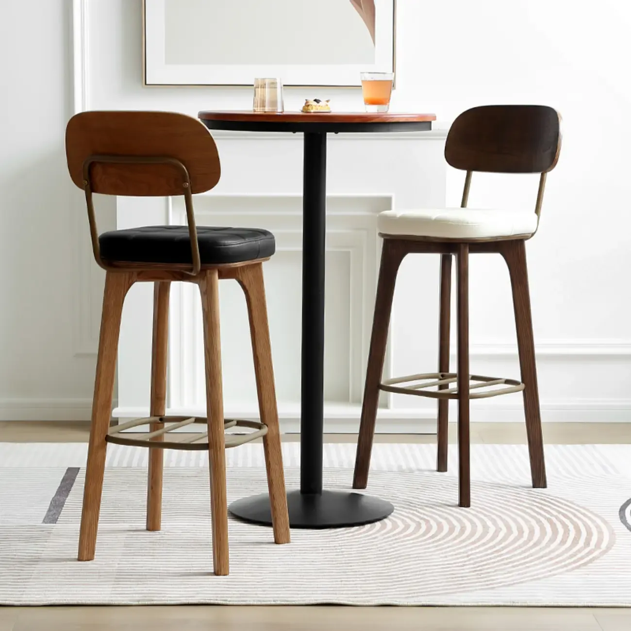 Wooden Square Leather Upholstered Bar Stool with Backrest
