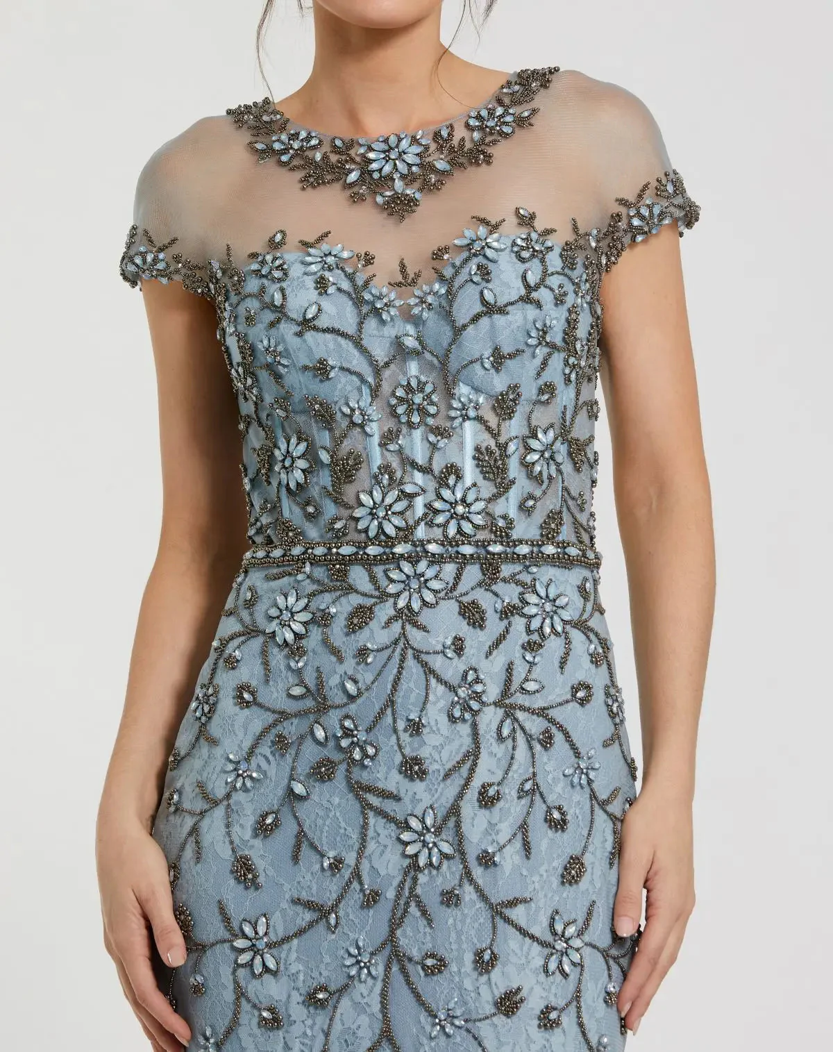 Blue Embellished Lace Evening Gown with Illusion Neckline