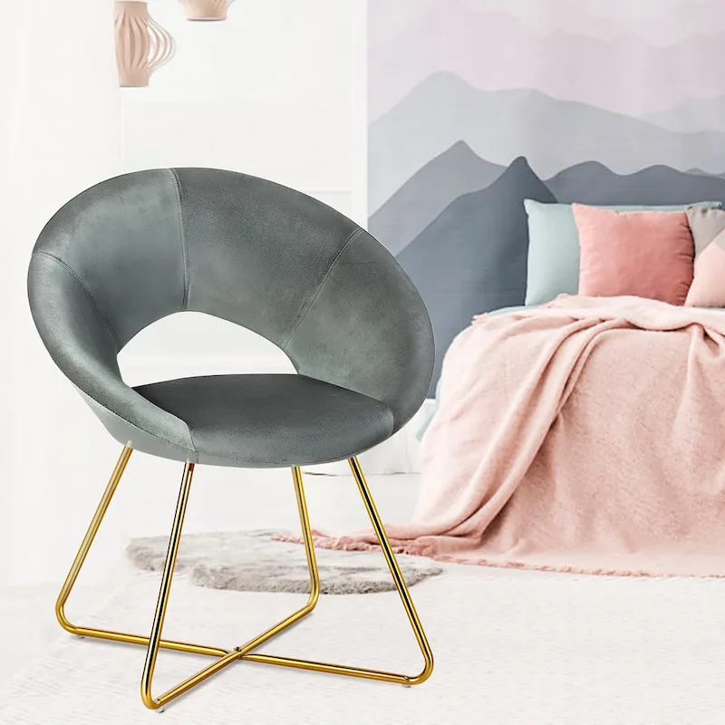 Costway Modern Velvet Accent Chair Upholstered Vanity Chair w/Golden - See Details