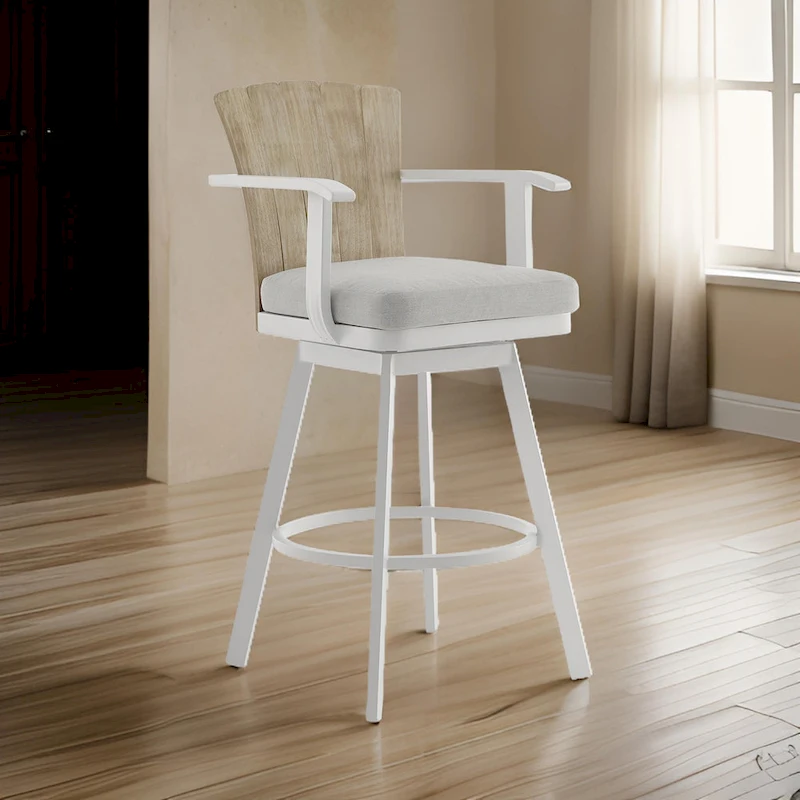 Luna 26 Inch Outdoor Swivel Counter Stool Chair, Rustic Teak Wood, White