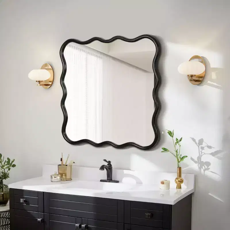 36 Square Wavy Wood Wall Mirror, Modern Squiggle Solid Wood Frame Decorative Mirror for Entryway, Bedroom - Panipeachy
