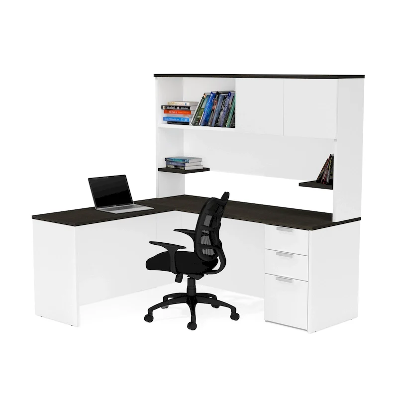 White & Deep Grey / Deep Grey & Black L-Shaped Desk with Hutch, 1-Person