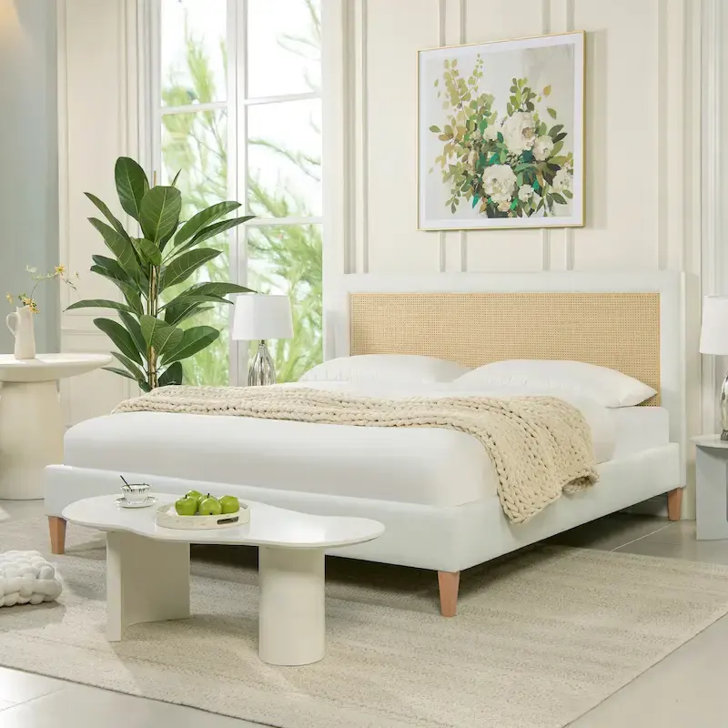 Haley Upholstered Rattan Cane-Back Platform Bed
