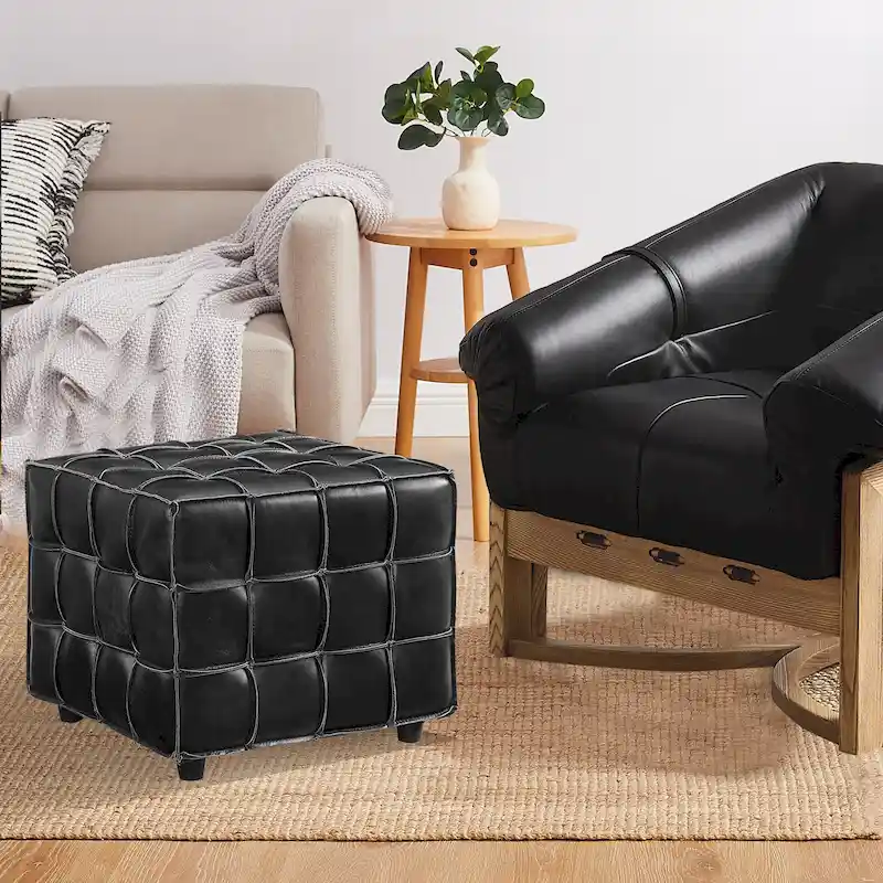 Art Leon Top Grain Leather Square Pouf Ottoman