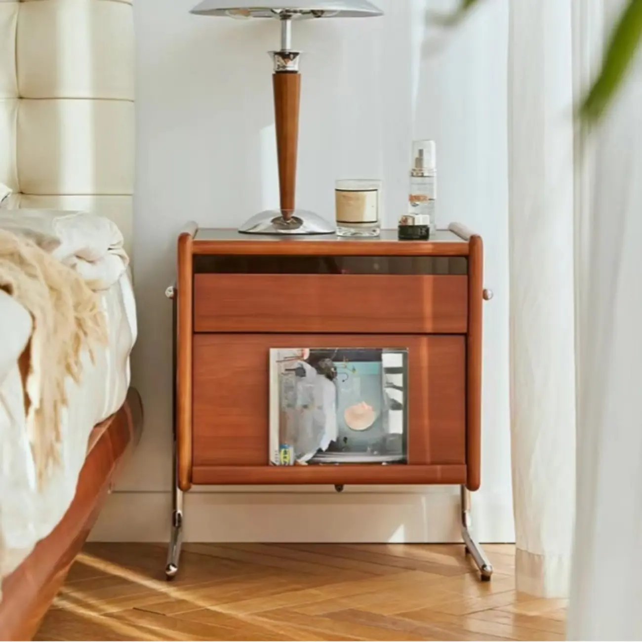 Narrow Mid-Century Modern Brown Wood Nightstand with Drawers