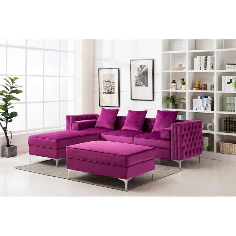 Tufted Upholstered Sofa with Ottoman, Blue/Grey/Purple, Nail Head Trim, Seats 3+