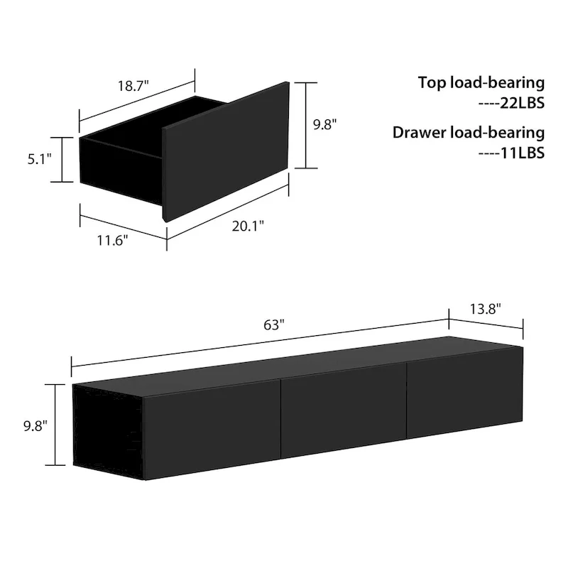 63 Floating Entertainment Center, Wall Mount LED TV Stand High Gloss