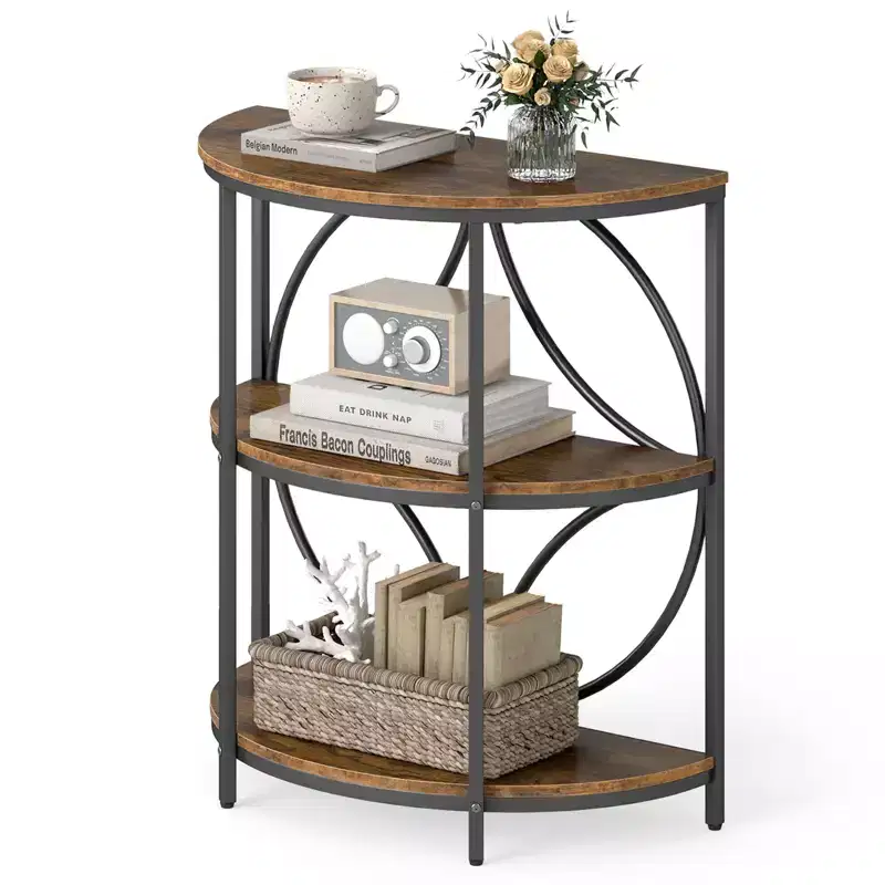 Costway 3-Tier Half Round End Table w/Study Metal Frame Storage Shelves for Living Room Rustic Brown