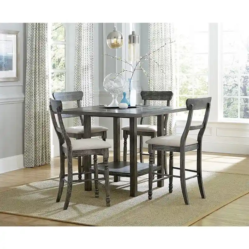 Grey Distressed Square Counter Table, Transitional Style, Seats 4
