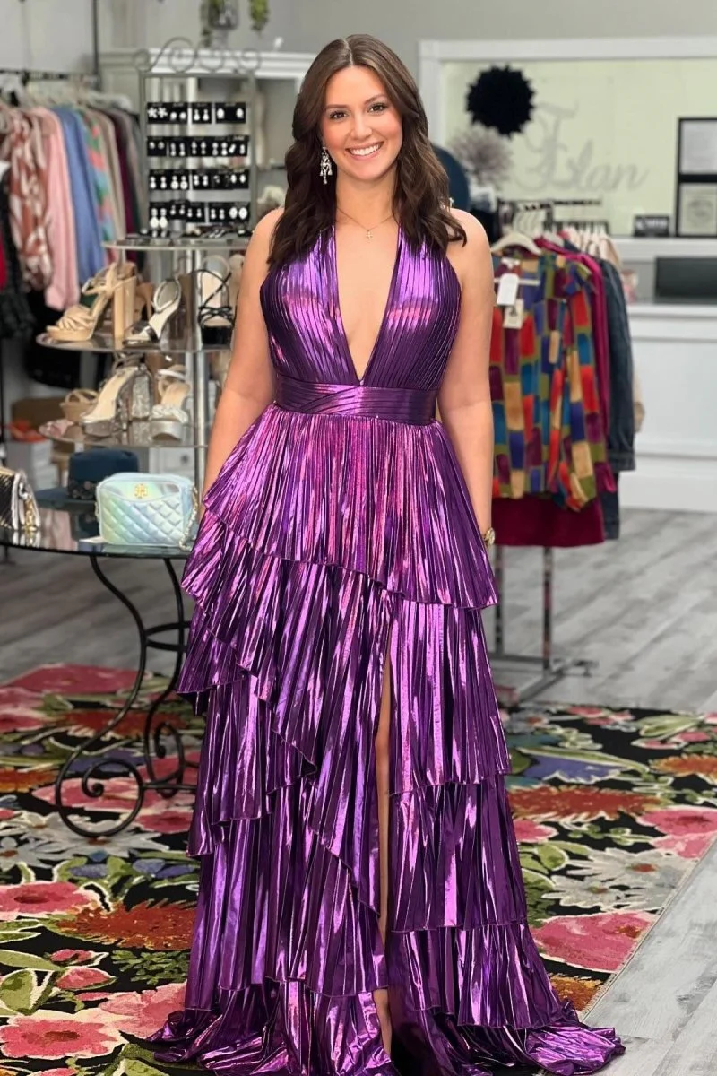 Purple Metallic A-Line Tiered V-Neck Sleeveless Prom Dress With Slit