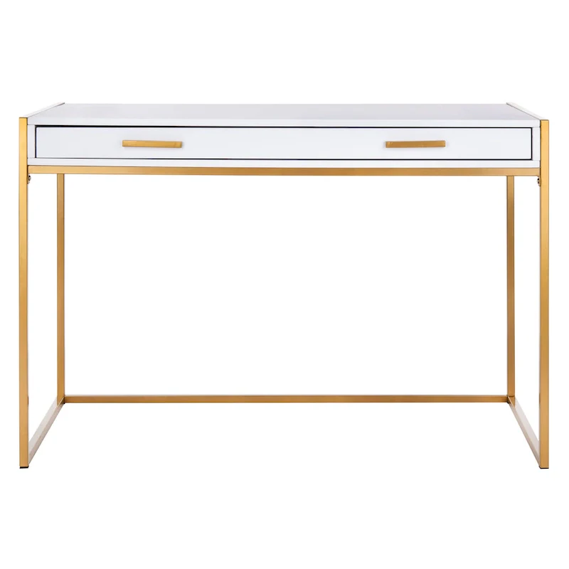 White & Gold 1-Drawer Console Desk with Metal Frame – 1-Person