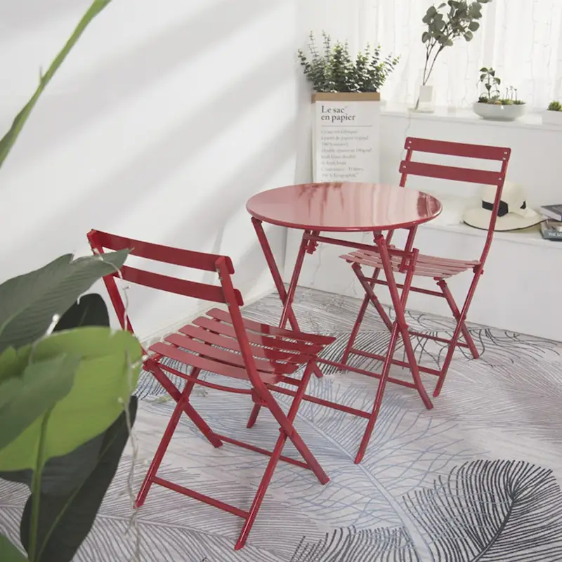 3 Piece Patio Bistro Set, Metal Foldable Round Table and 2 Slat Back Chairs Portable Outdoor Garden Furniture
