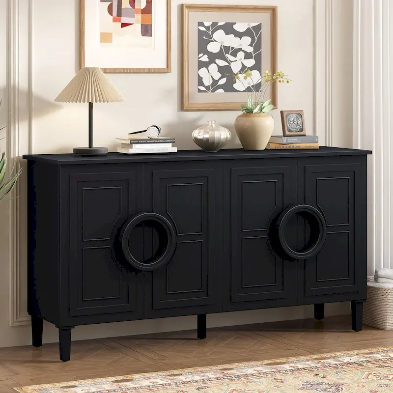 Navy Blue/Black French-Style 4-Door Sideboard Cabinet with Ring Handles