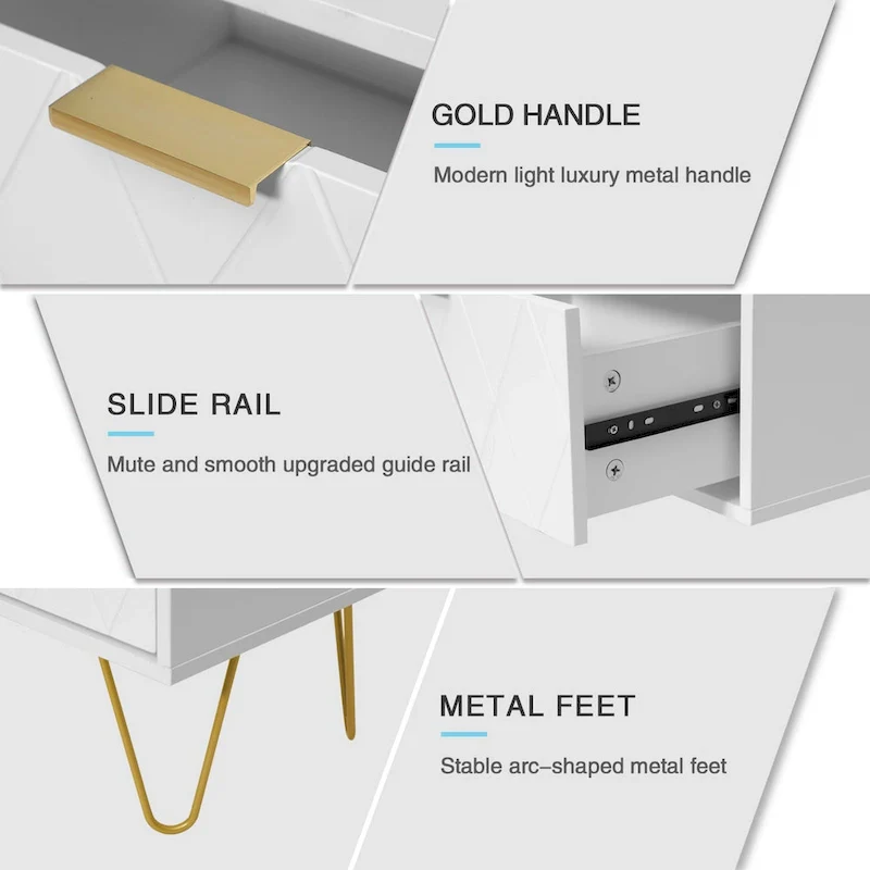 Set of 2 Nightstand 2 Drawer End Side Table Bedside Metal Legs Modern Bedroom Living Room