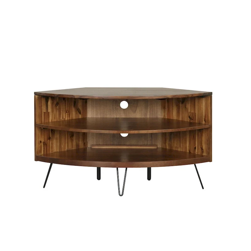 Dark Brown Corner Media Stand, 2-Shelf Open Storage, Solid Acacia Wood