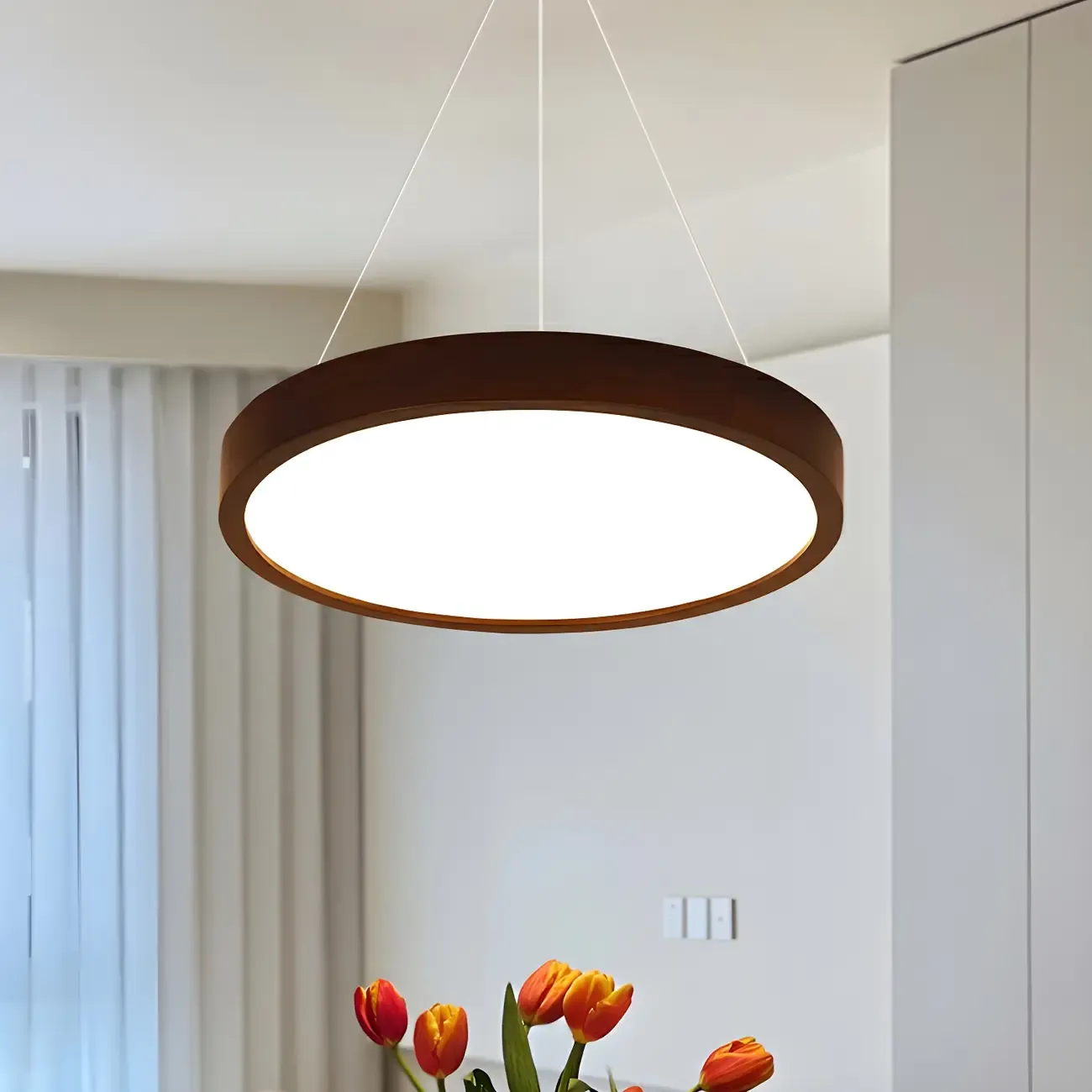 Modern Dimmable LED Brown Cylinder Wood Chandelier