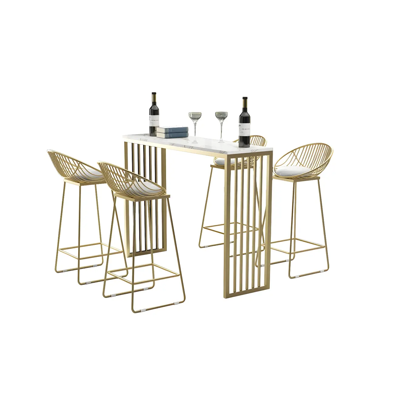 Glam White Faux Marble Gold Rail Metal Base Bar Tables