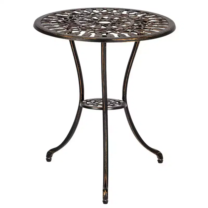 TROPOW Antique Bronze Cast Aluminum Bistro Set 3 Piece Ornate Garden Table & Lattice Chairs with Tulip Motifs