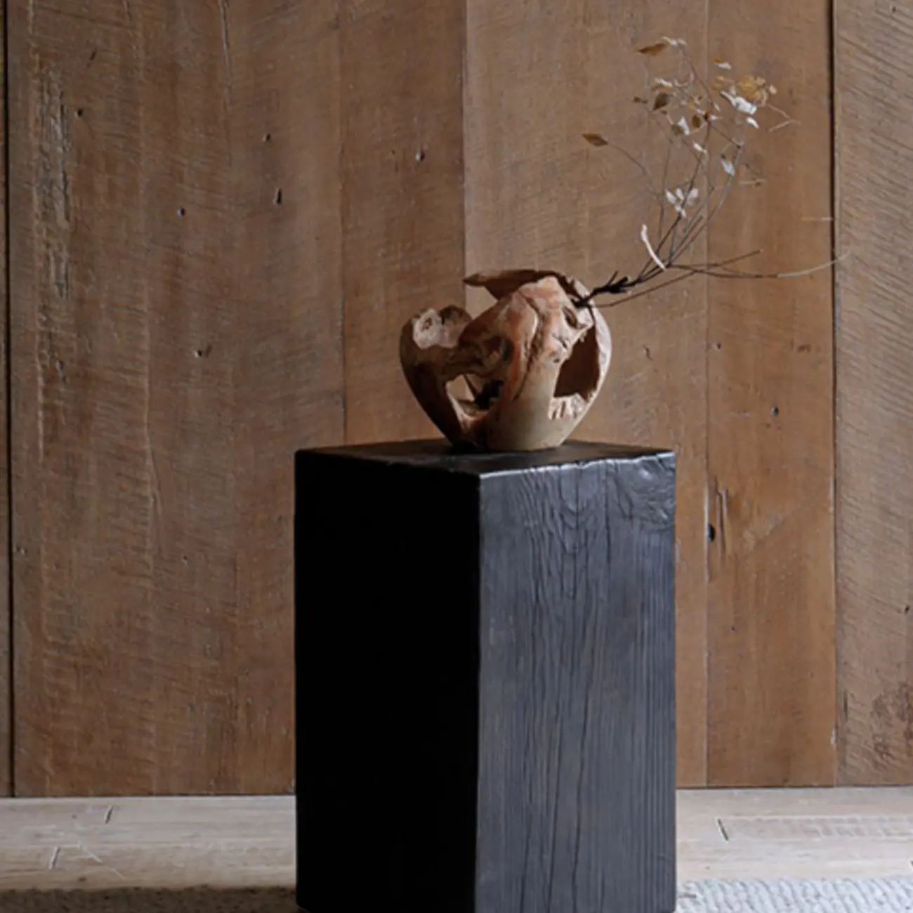 Modern Black Pine Wooden Square Stump End Table