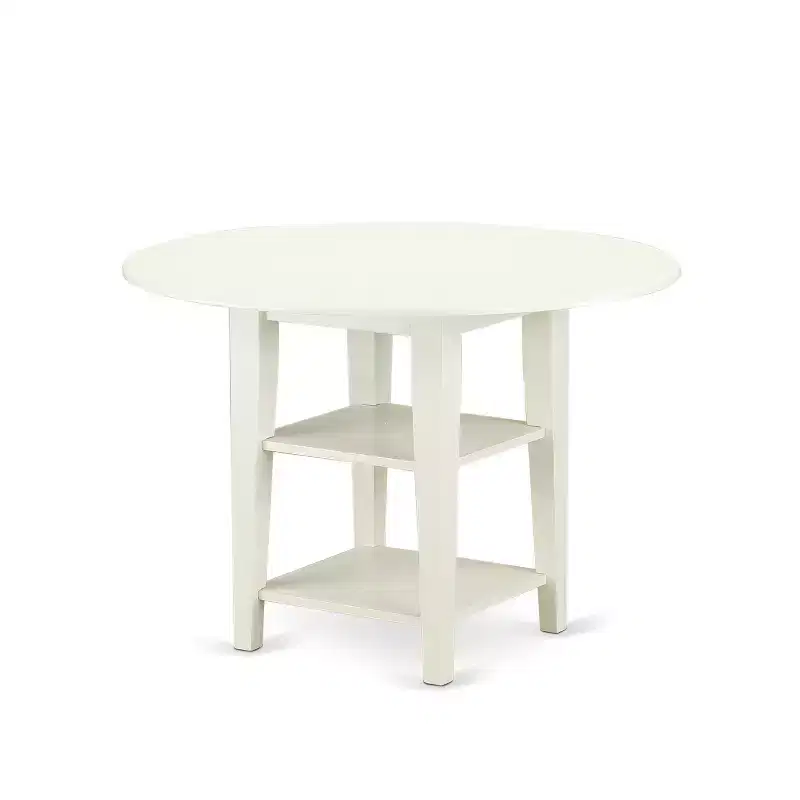 HomeStock 5-Piece Round Linen White Finish Solid Wood Top Dining Table with 4 Chairs with Drop Leaf Slat Back