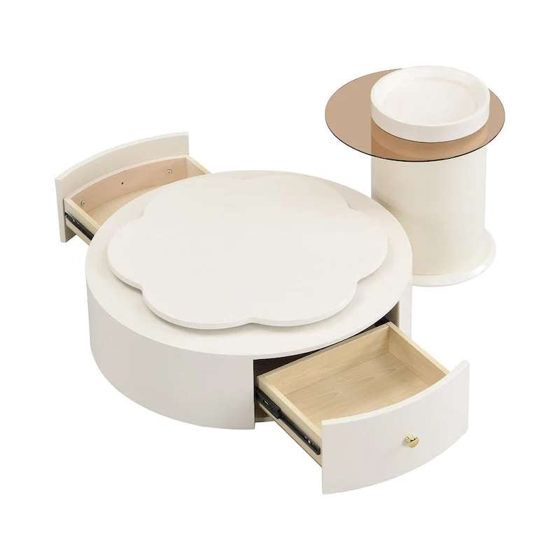 Modern Round Coffee Table Set of 2, 360-Degree Rotatable Flower-shaped Top with 2 Drawers, Top Circle Side Table with Glass