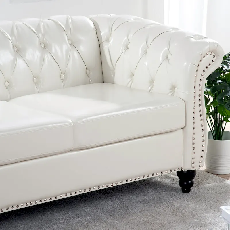 PU Leather 3-Seater Sofa with Button-Tufted Back & Rolled Arms – White, Chesterfield Style, Seats 3