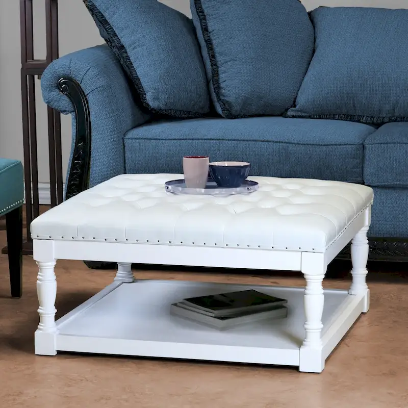 Cairona Tufted Bi-cast leather 34-Inch Shelved Ottoman Table