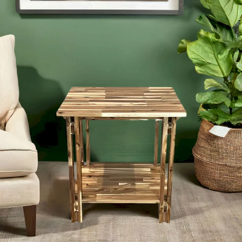 Acacia Wood Architectural End Table with Shelf