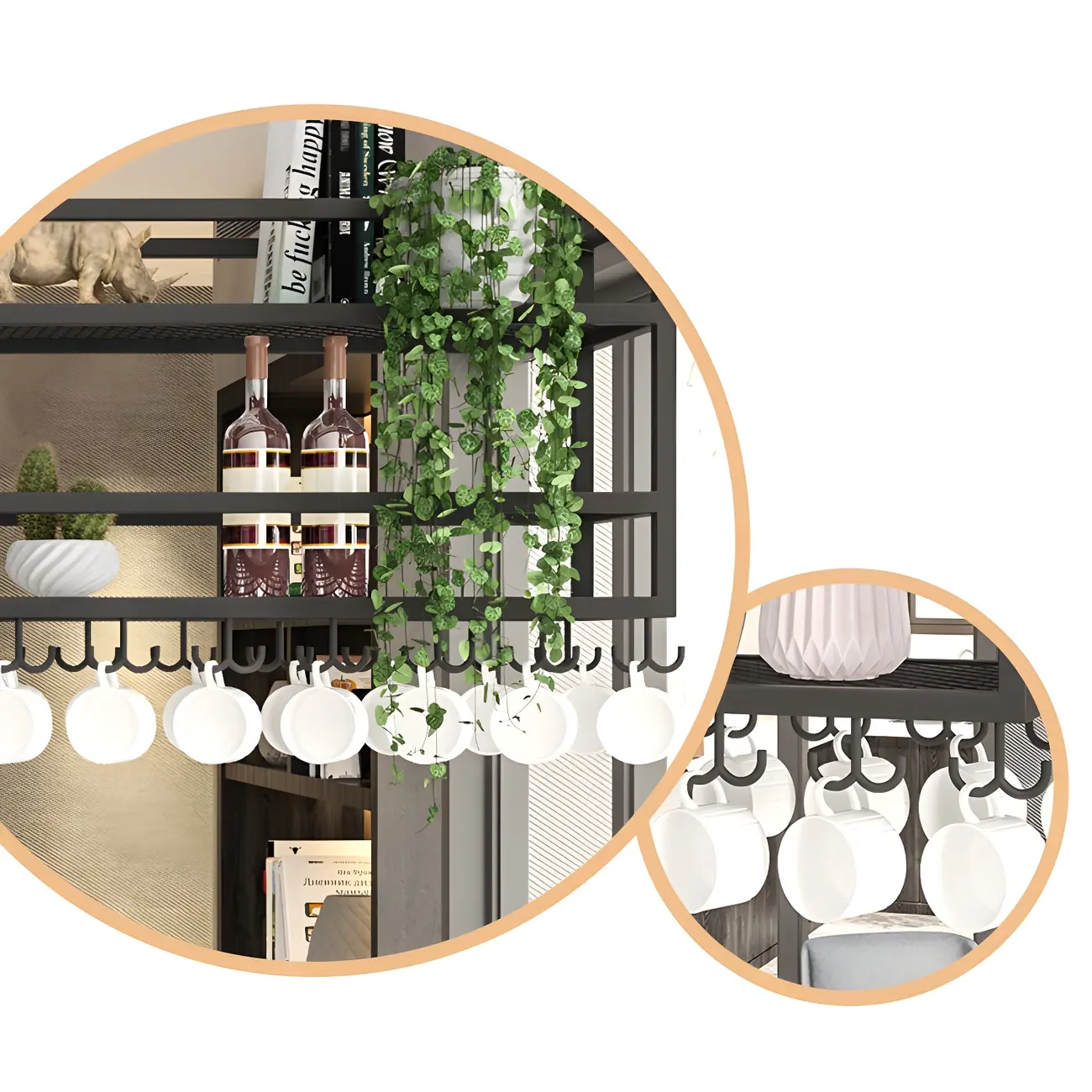 Black Metal Large Hanging Wine Rack with Glass Holder