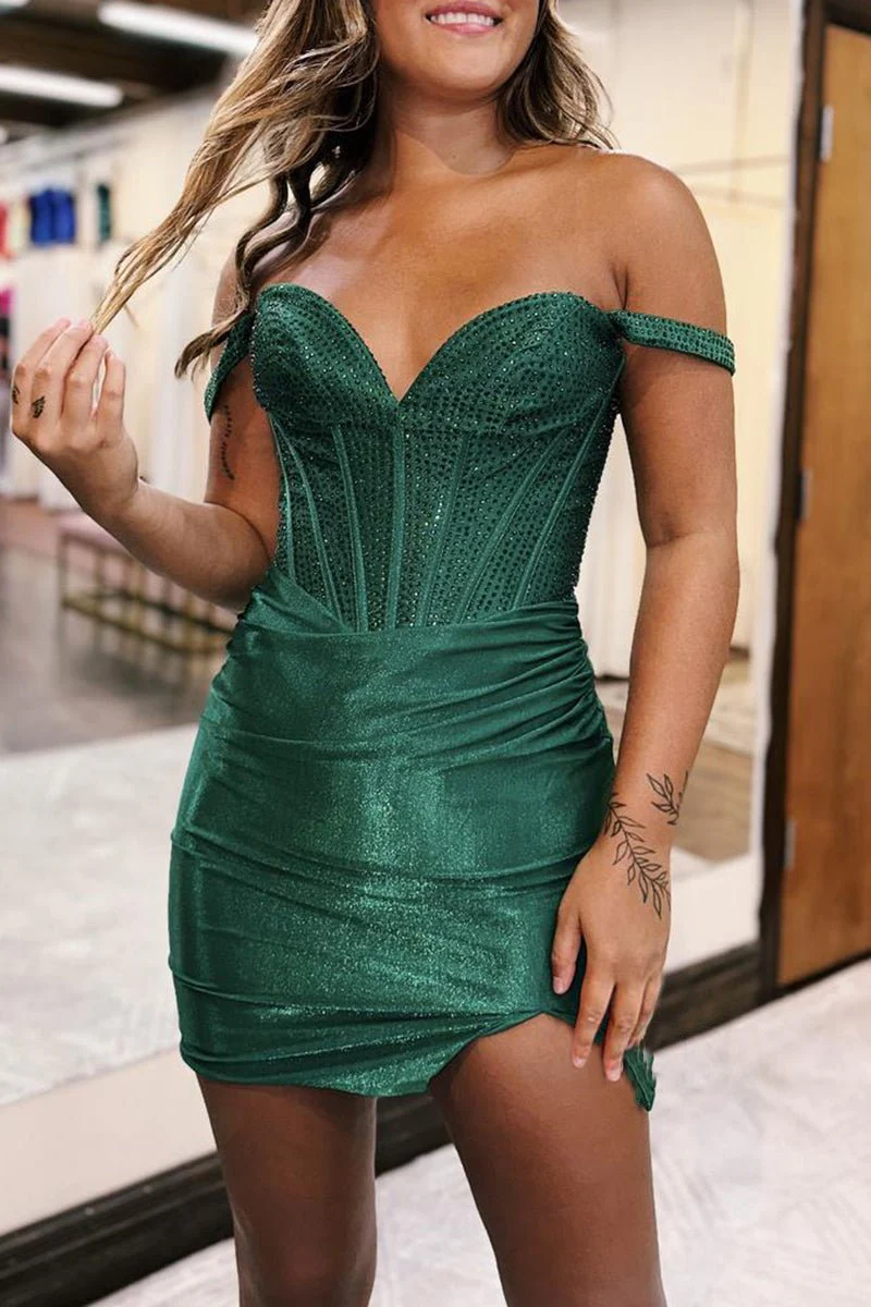 Satin Fitted Off-Shoulder Ruched Beaded Homecoming Dress