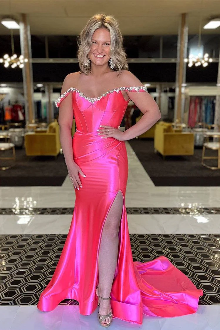 Mermaid Off The Shoulder Red Satin Slit Prom Dress with Beading