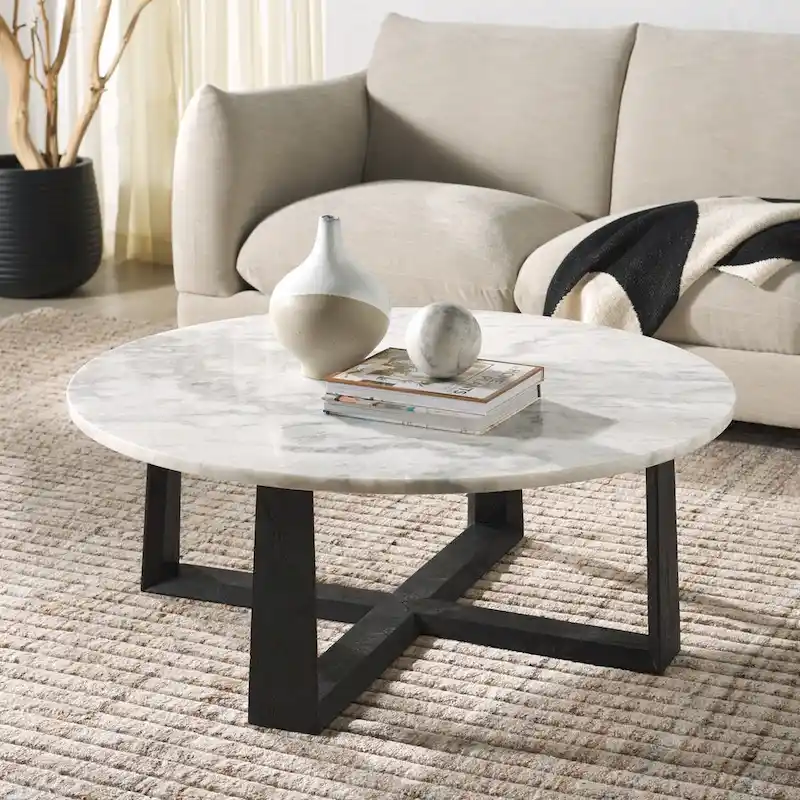 Round Marble Top Coffee Table with Acacia Wood Legs – White/Natural / White/Black