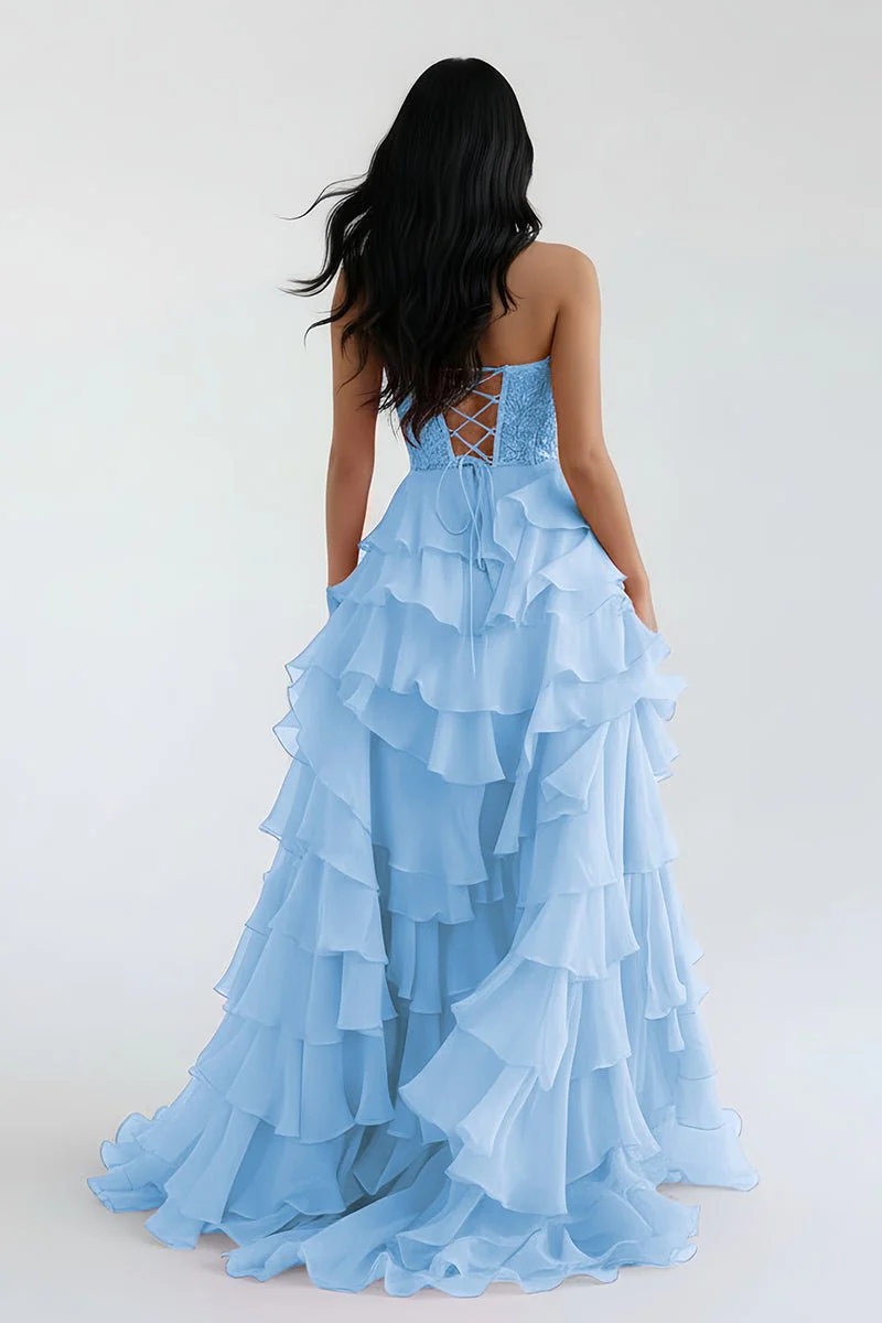Royal Blue Chiffon Sweetheart Ruffle Tiered Long Prom Dress