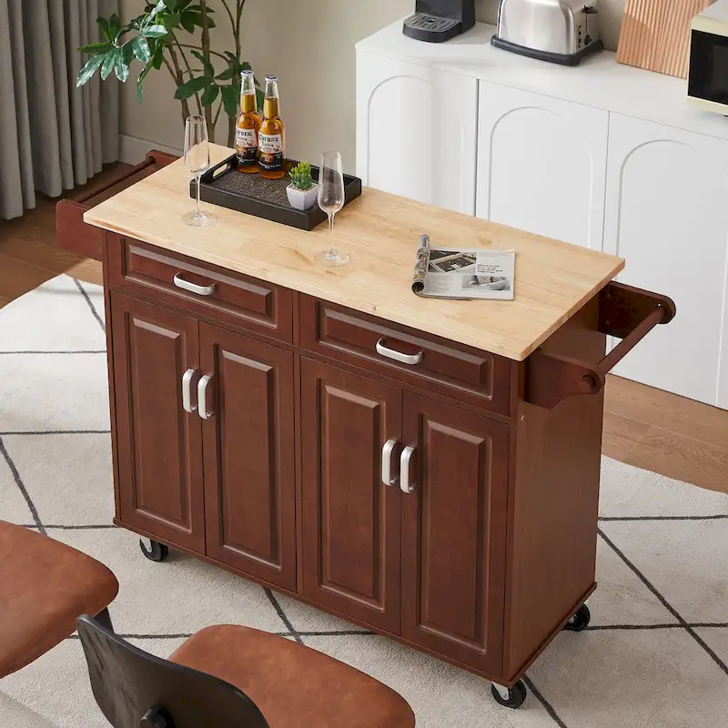 Mobile Kitchen Island Cart With 2 Drawers and 4 Swivel Casters