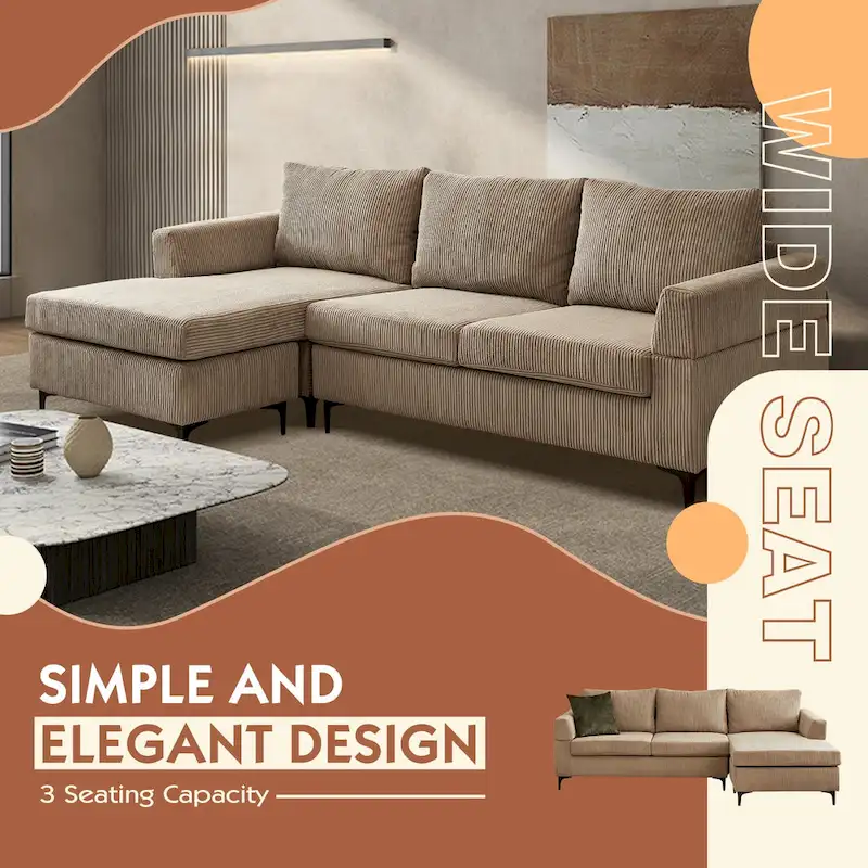 L-Shaped Reversible Chaise Sofa - Polyester Fabric - 3 Seater